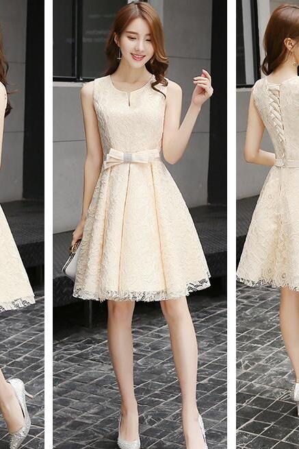 Lovely Champagne Lace Knee Length Party Dress, Lace Homecoming Dress