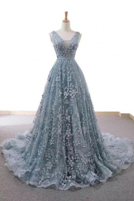 Beautiful Blue And Grey Tulle V-neckline Party Dress, Handmade Formal Dress