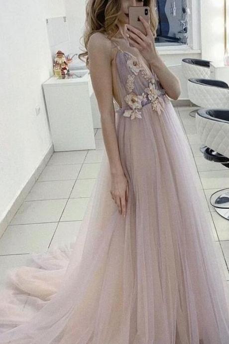 Sexy Deep V-neckline Tulle Prom Gown, Straps Party Dress 2019