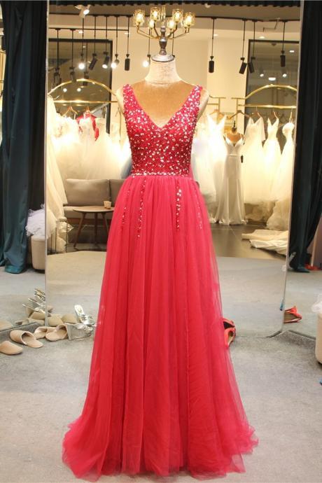 Charming V-neckline Beaded Tulle Prom Dress, Pretty Formal Gown 2020