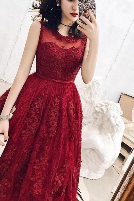 Dark Red Tea Length Tulle And Lace Homecoming Dress, Round Neckline Party Dress