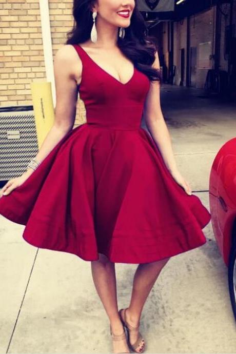 Dark Red V-neck Ball Gowns Homecoming Party Dress,short Prom Dress