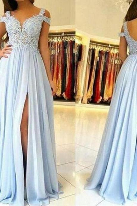 Elegant Light Blue Slit Chiffon Lace Prom Dress, Bridesmaid Dresses