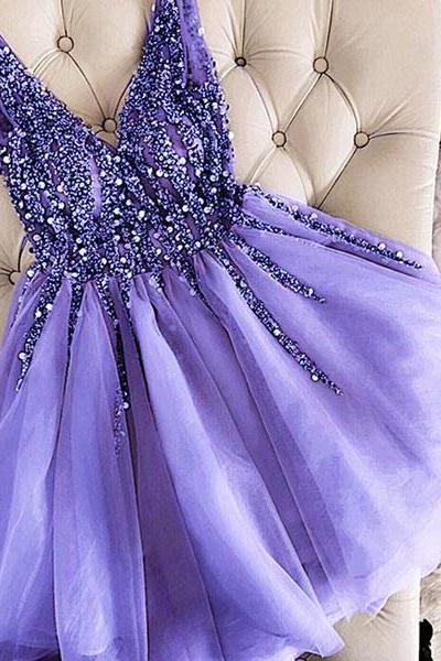 Cute Purple Short Beaded Prom Dresses, Girls Junior Graduation Gown
