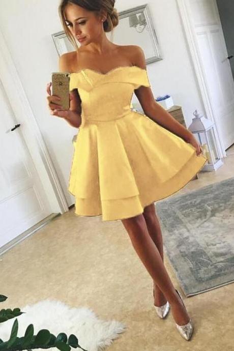 Cute Off The Shoulder Satin Homecoming Dress, Short Prom Dress 2020