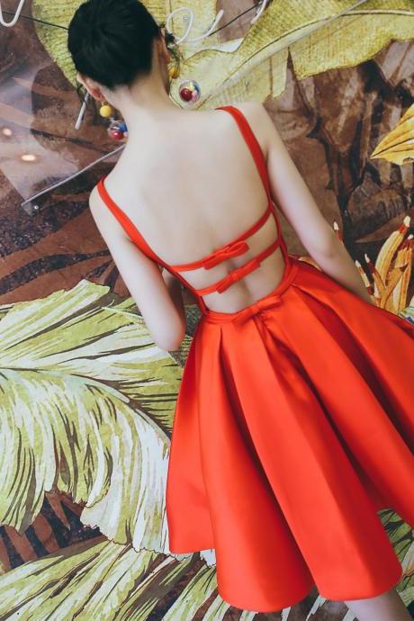 Beautiful Red Satin Short Party Dress, Backless Homecoming Dress