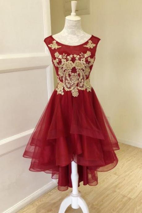 Lovely Wine Red High Low Round Neckline Party Dress, Short Prom Dress