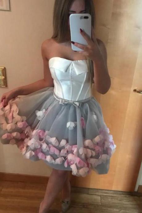 Grey Short Tulle Flowers Homecoming Dress, Lovely Tulle Party Dress