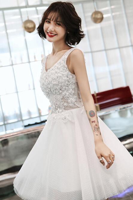 Cute White Lace Flowers Graduation Dress, Short Prom Dress