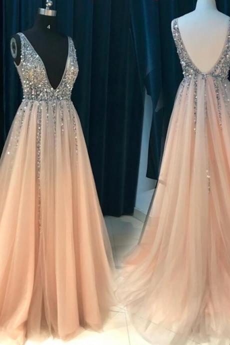 Pretty V Neck Sparkly Tulle Long Prom Dress, Beaded Evening Party Dress