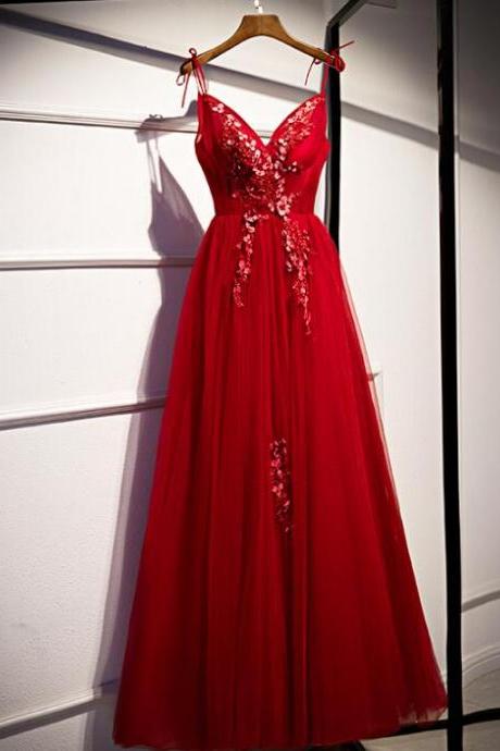 Beautiful Red Tulle V-neckline Long Prom Dress, Sexy Formal Gown 2020