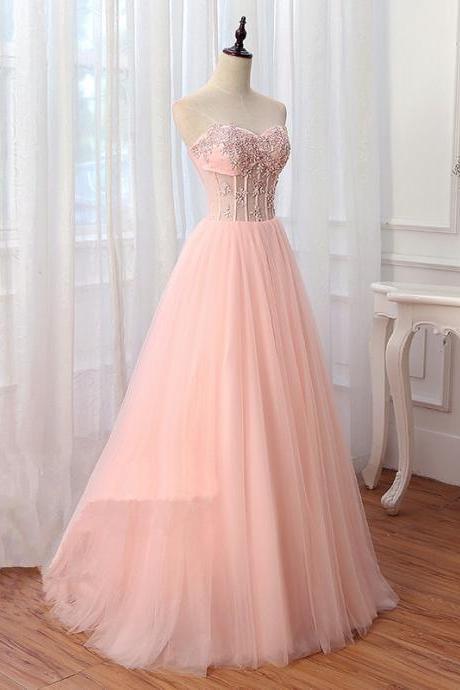 Cute Pink Sweetheart Tulle Long Party Gown, Pink Prom Dress