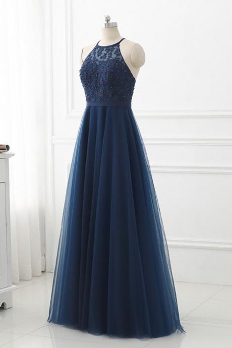 Simple Navy Blue Lace Halter Long Prom Dress, Tulle Bridesmaid Dress
