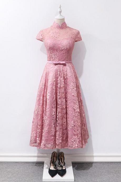 Cute Pink Lace Tea Length Party Dress, Elegant Formal Dress 2020