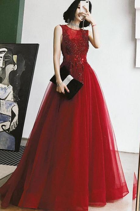 Gorgeous A-line Dark Red Tulle Long Party Gown, New Fashion Prom Dress 2020