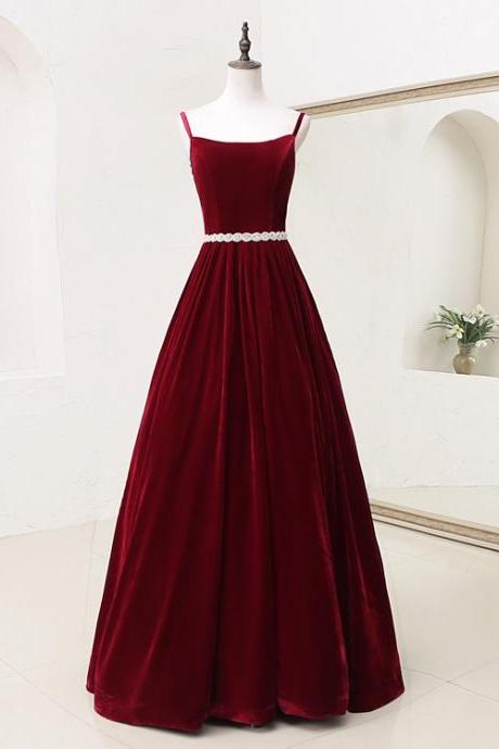 Dark Red Velvet Straps Long Evening Gown, Charming Party Dress