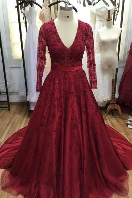 SImple Wine Red Long-Sleeved V-neck Prom Dress, Evening Gown 
