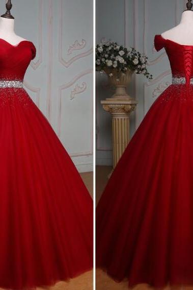 Gorgeous Wine Red Beaded Tulle Sweet 16 Dresses, Red Formal Gown