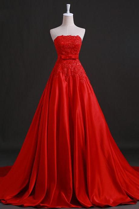 Beautiful Red Satin Long Party Dress With Lace Applique, Sweet 16 Red Dress