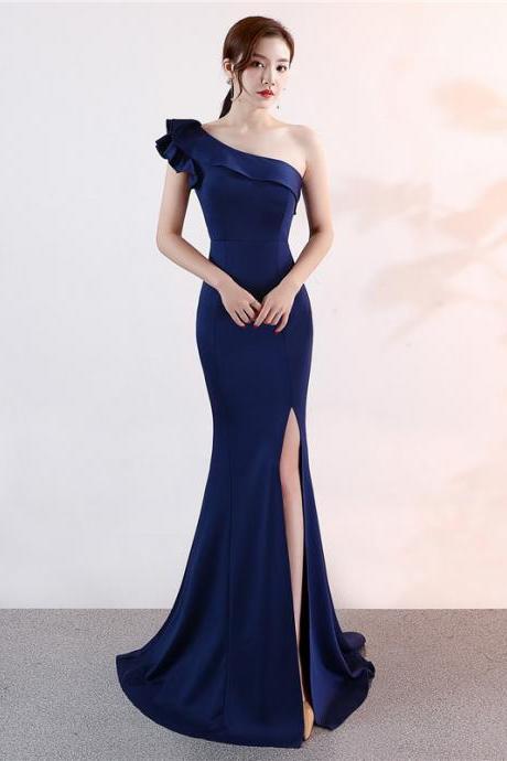 Charming Navy Blue One Shoulder Slit Mermaid Party Dress, Elegant Prom Dress