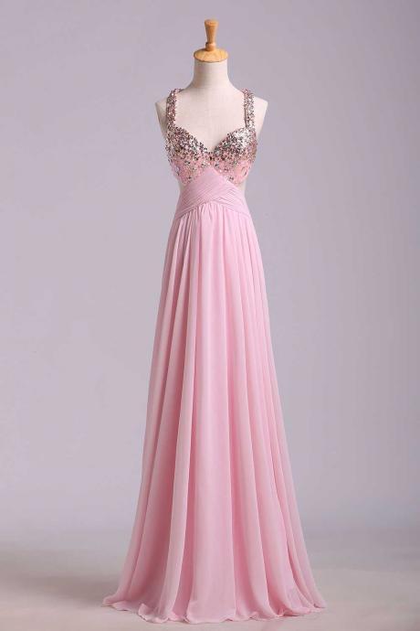 Pink Sequins Cross Back Chiffon Prom Dress, Lovely Junior Prom Dress