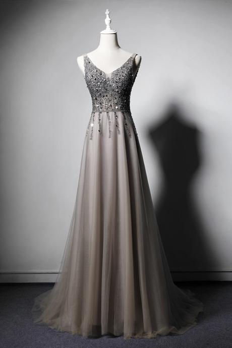 Beautiful Champagne Tulle Beaded Top Long Prom Dress, New Party Gown 2020