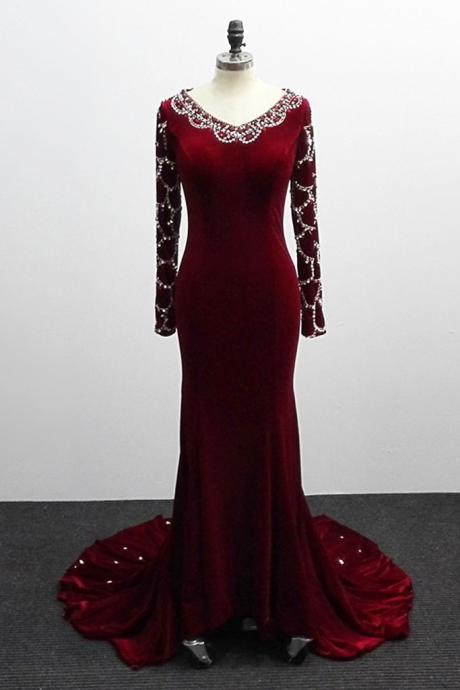 Charming Wine Red Velvet Long Sleeves Mermaid Evening Dress, Long Party Dress