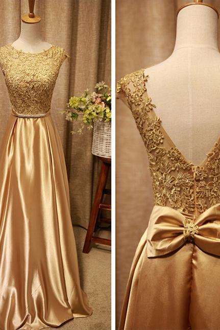 Beautiful Gold Satin Long Prom Dress With Lace, A-line Formal Dress