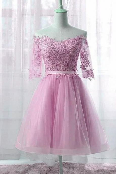 Simple Cute Short Pink Prom Dress 2020, Pink Tulle and Lace Party Dress
