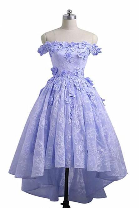 Lavender High Low Lace Party Dress, Cute Off Shoulder Prom Dress 2020