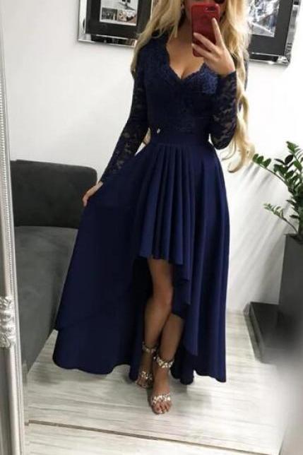 Beautiful Navy Blue High Low Party Dress, Chiffon Prom Dress 2020