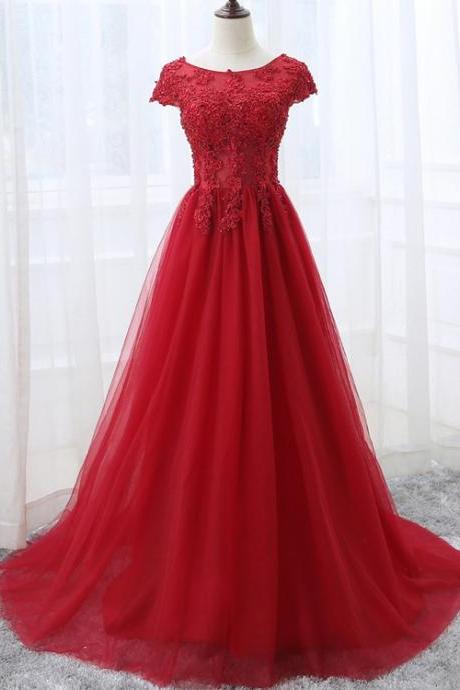 Beautiful Red Tulle Long Prom Dress With Lace Applique, Red Bridesmaid Dress