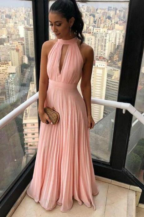 Pink Chiffon Halter Long Party Dress 2020, A-line Bridesmaid Dress