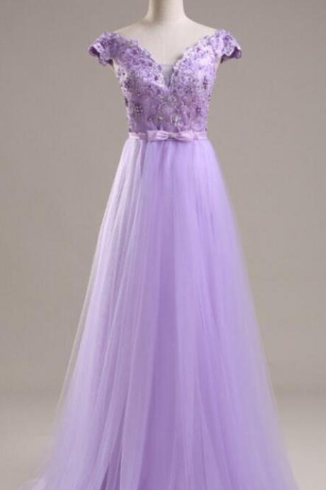 Beautiful Lavender Tulle Long Party Dress with Belt, Lavender Prom Dress