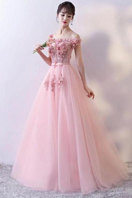 Pink Long A-line Flower Prom Dress 2020, Off Shoulder Party Dress