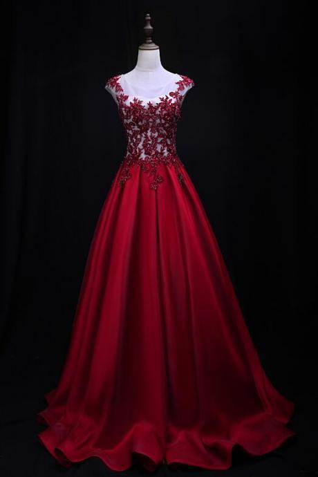 Charming Red Satin Floor Length Prom Dress 2020, Red Party Dress with Lace Applique