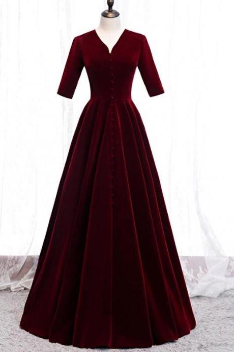 Elegant Velvet Wine Red V-neckline Floor Length Party Dress, Beautiful Prom Dress
