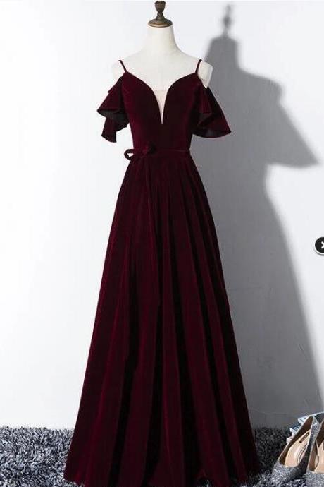 Beautiful Burgundy V-neckline Velvet Party Dress, Junior Prom Dress 2020