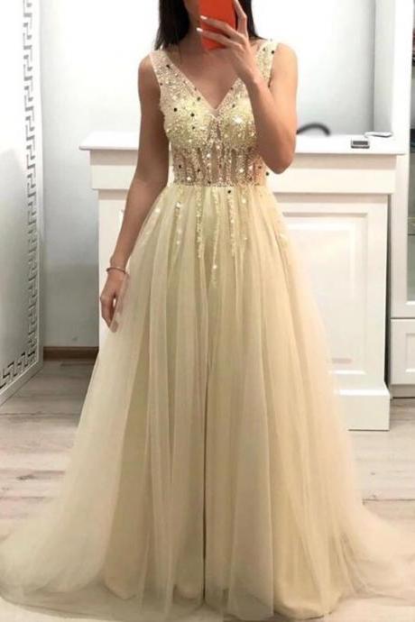 Charming Sequins and Beaded Champagne Tulle Party Dress, Long Prom Dress 2020