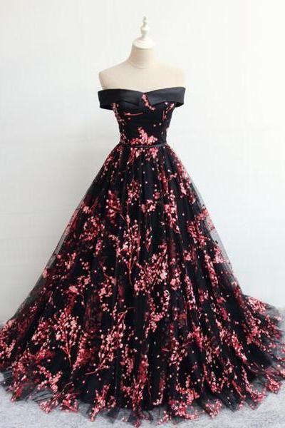 Elegant Black Floral Tulle Lace-up Party Dress, Black Formal Dress 2020