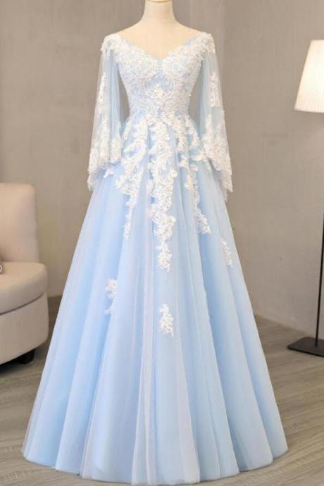 Light Blue Tulle Long Party Dress 2020, A-line Formal Gown