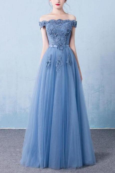 New Style Blue Off Shoulder Lace Long Party Dress, Lace Prom Dress 2020