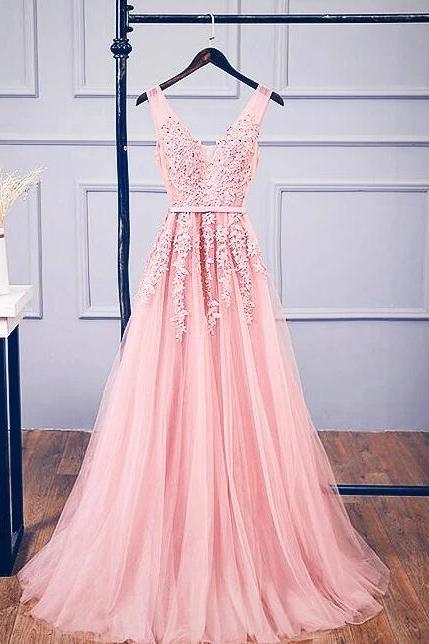 Charming Pink Long Lace Applique Backless Party Dress, Pink Bridesmaid Dress
