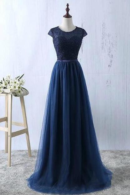 Beautiful Tulle with Lace Blue Bridesmaid Dress, Long Evening Gown