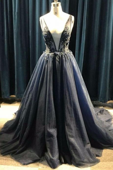 Beautiful Black Tulle V-neckline Beaded Prom Dress 2020, Black Formal Dress