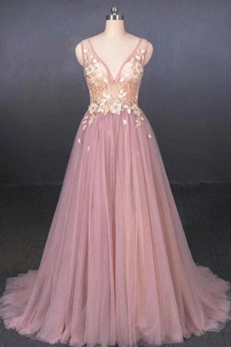 Pink V Neck Sleeveless Tulle Prom Dress With Appliques, A Line Tulle Evening Dresses