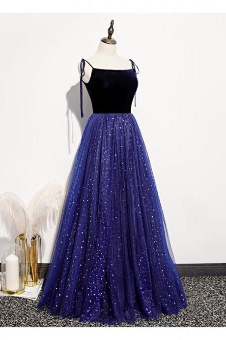 Lovely Blue Straps Long Lace-up Party Dress 2020, A-line Prom Dress 
