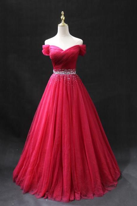 Charming Sweetheart Red Beaded Prom Dress 2020, Off Shoulder Party Dress