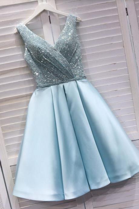 Cute Sequins Light Blue Short Prom Dress,, Short Party Dress 2020