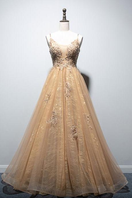 Beautiful Long A-line Champagne Straps Tulle Prom Dress, Floor Length Prom Dress 2020
